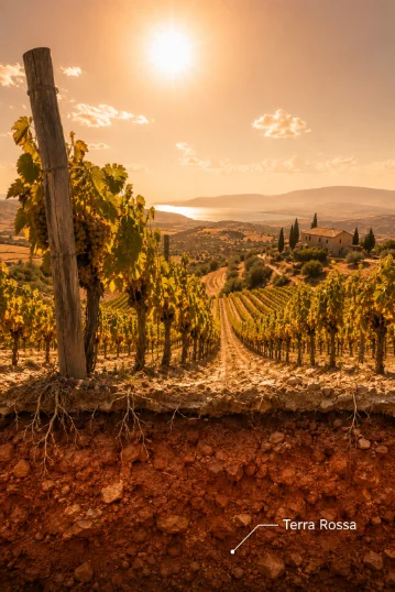 Weinberg im Abendlicht mit Bodenquerschnitt, beschriftet Terra Rossa, KI-generiert